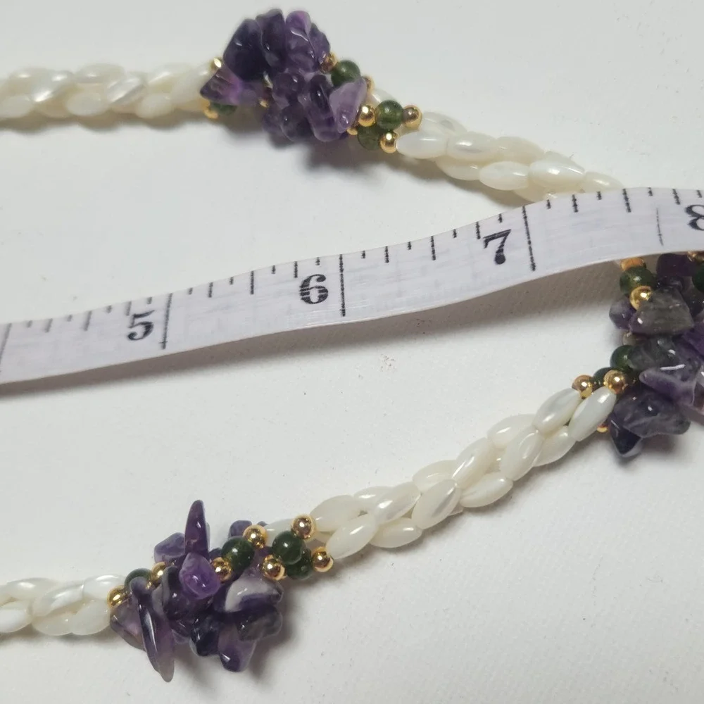 Vintage Mother of Pearl Amethyst Jade Chip Multi Strand Necklace Gold Tone Clasp - Picture 11 of 15